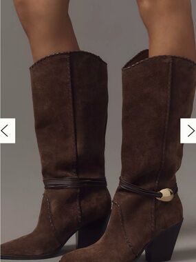Dolce Vita Dark Brown Suede Mid-Calf Heeled Boots with Wrap Strap